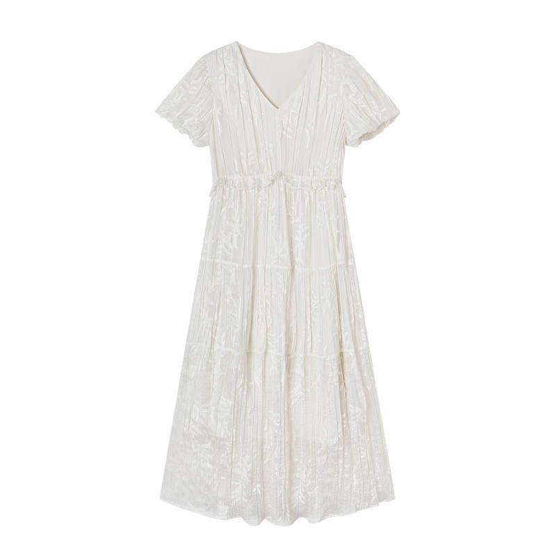 XIANGYING Short Sleeved Dresses Women's Heron White V Neck Moderate Midi Skirt