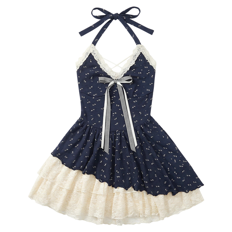 FABRIC PIG Slip Dresses Women's Navy Blue Camisole Moderate Short Skirt Tiered Skirt