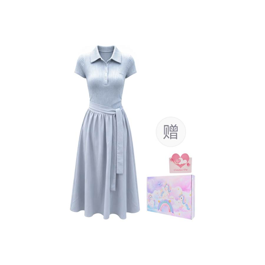 MostwantedLab Short Sleeved Dresses Women's Blue Box+Free Heart Card Polo Collar Thin Long Skirt A Line Skirt