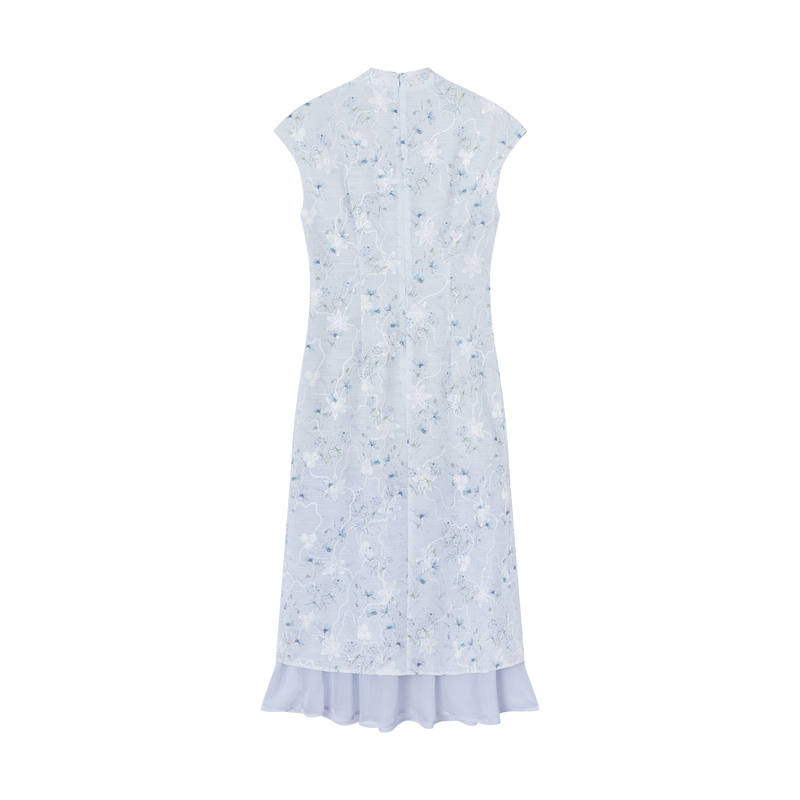 XIANGYING Short Sleeved Dresses Women's Blue Stand Collar Moderate Long Skirt