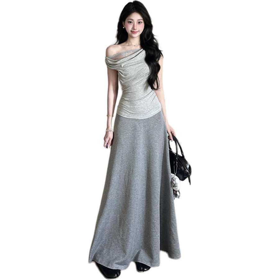 VENICEW Two Piece Skirt Sets Women's Asymmetrical Shoulder Moderate Long Skirt