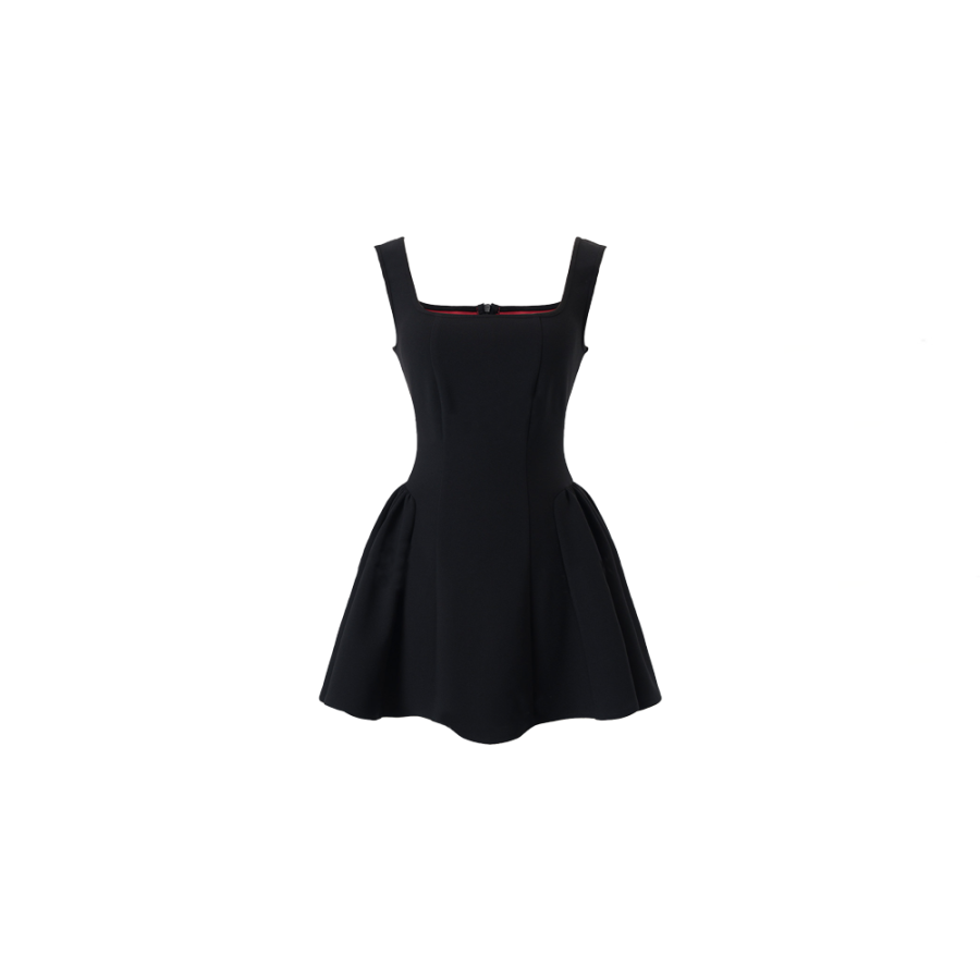 CPAURA Sleeveless Dresses Women's Black U Neck Moderate Short Skirt Puffy Skirt