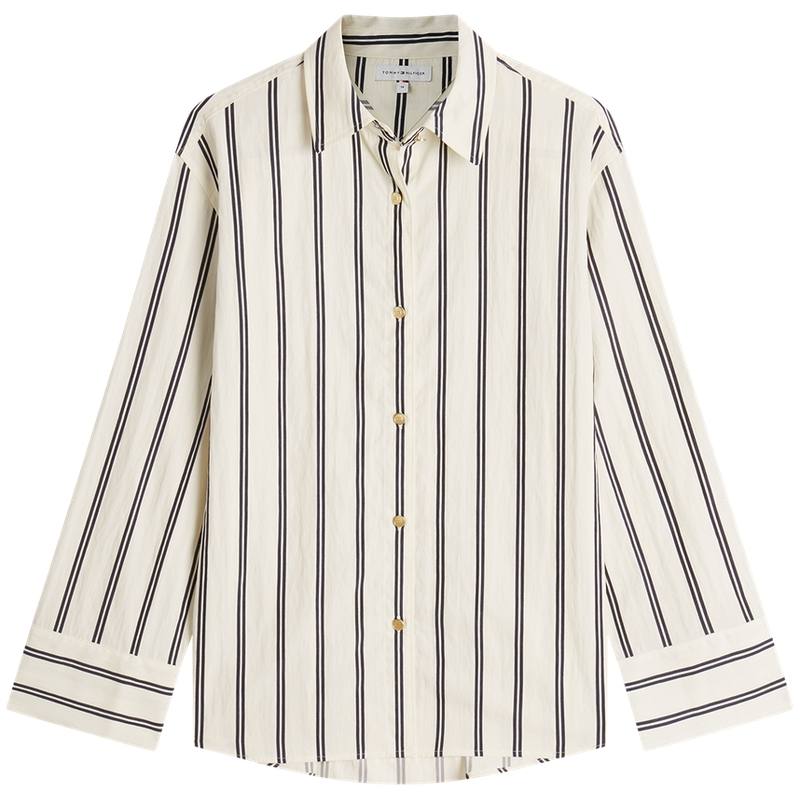 Tommy Hilfiger Shirts Women's Beige White Navy Blue Stripes 0AB Lapel Moderate