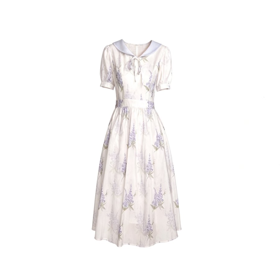 CPAURA Short Sleeved Dresses Women's Multicolor Navy Collar Moderate Long Skirt A Line Skirt