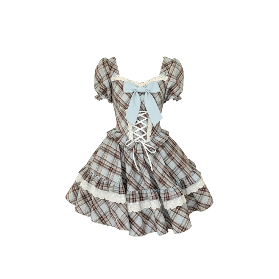 CPAURA Short Sleeved Dresses Women's Blue Peter Pan Collar Moderate Midi Skirt Puffy Skirt
