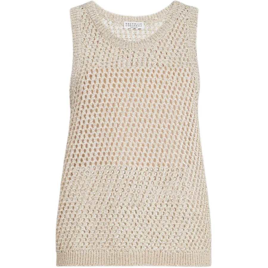 Brunello Cucinelli Tank Tops Women's Sand Yellow Crew Neck Moderate Straight Fit