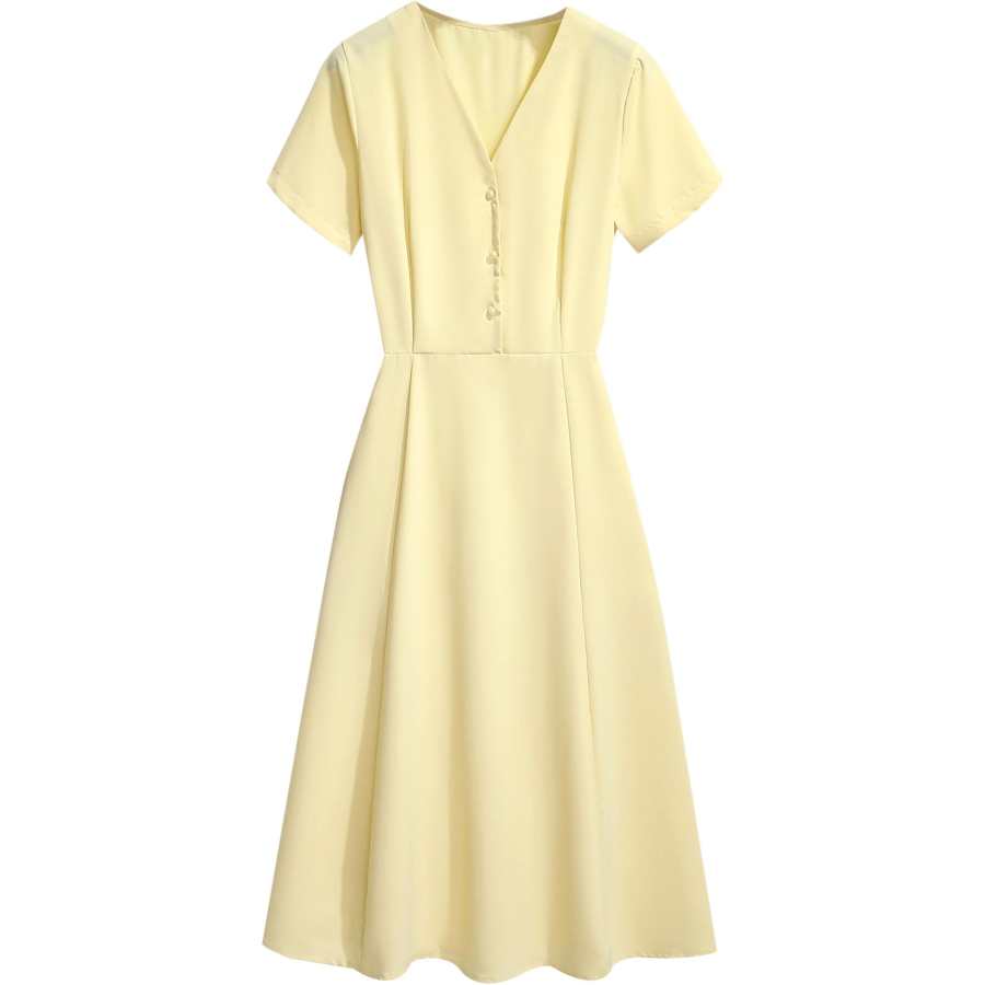 VENICEW Short Sleeved Dresses Women's Yellow V Neck Thin Midi Skirt A Line Skirt