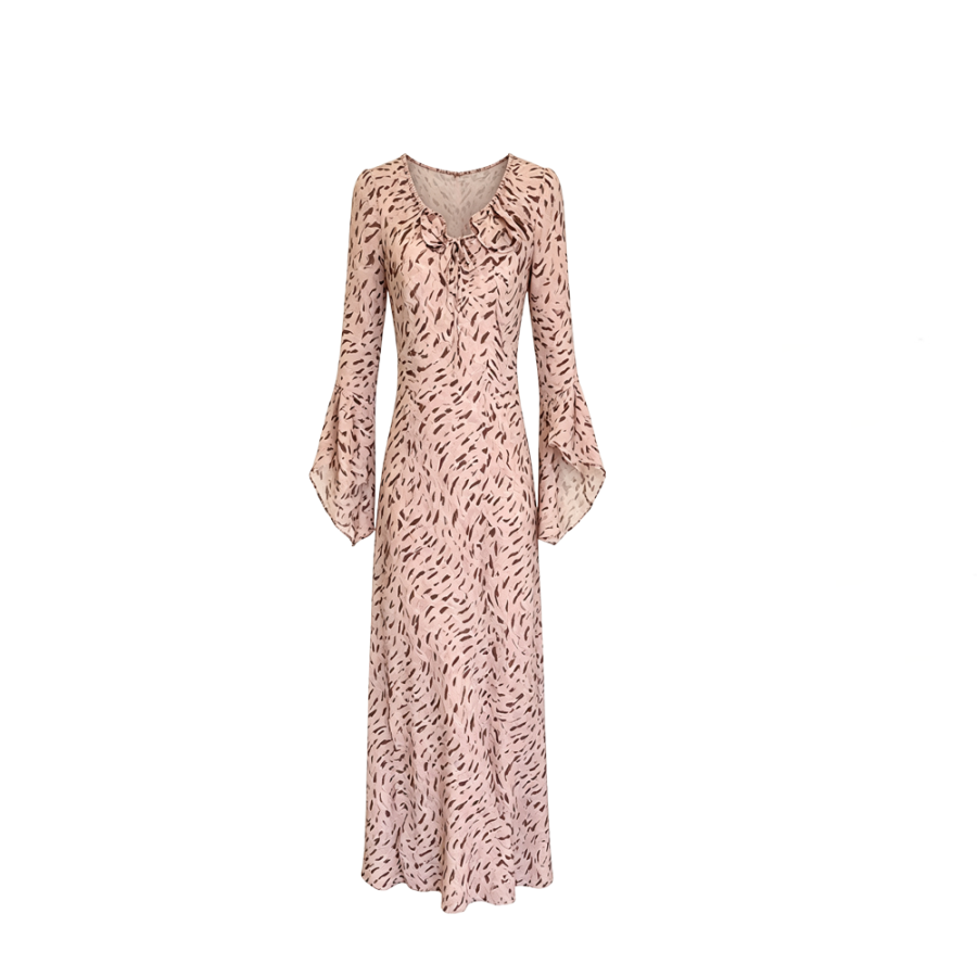 CPAURA Long Sleeved Dresses Women's Mist Shadow Pink Brown V Neck Moderate Long Skirt A Line Skirt