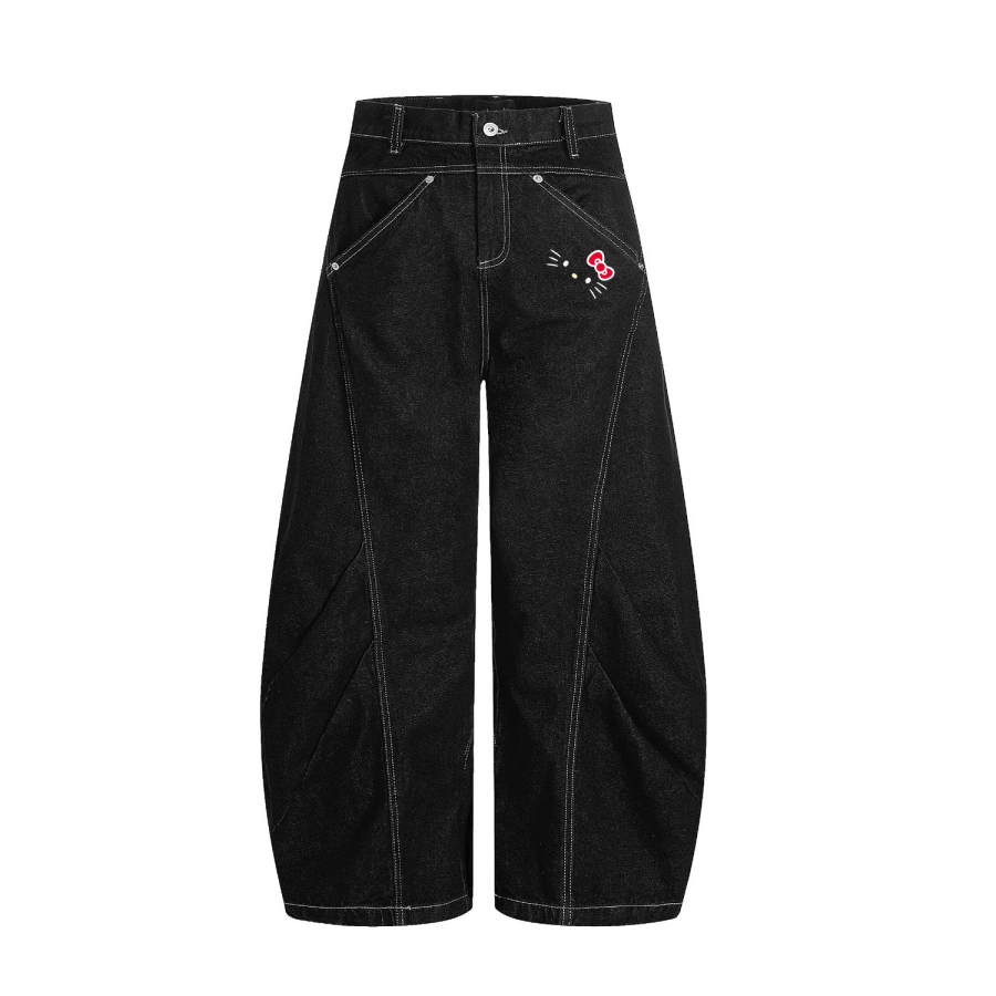 Sanrio X Hello Kitty Hello Kitty Jeans Women's Black Moderate Wide Leg Pants