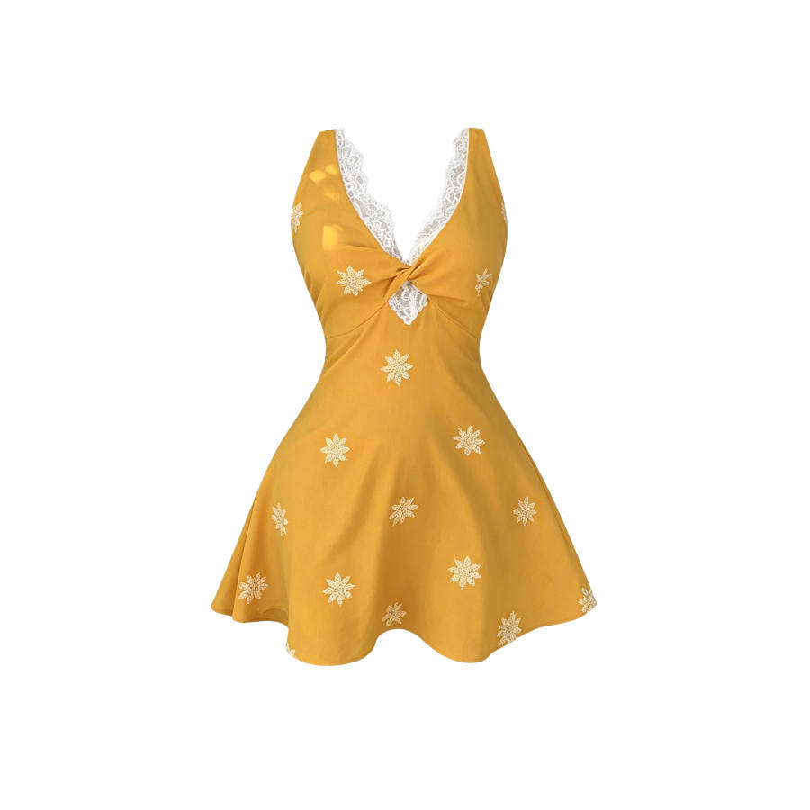 TUSHIFEI Sleeveless Dresses Women's Yellow V Neck Moderate Short Skirt A Line Skirt