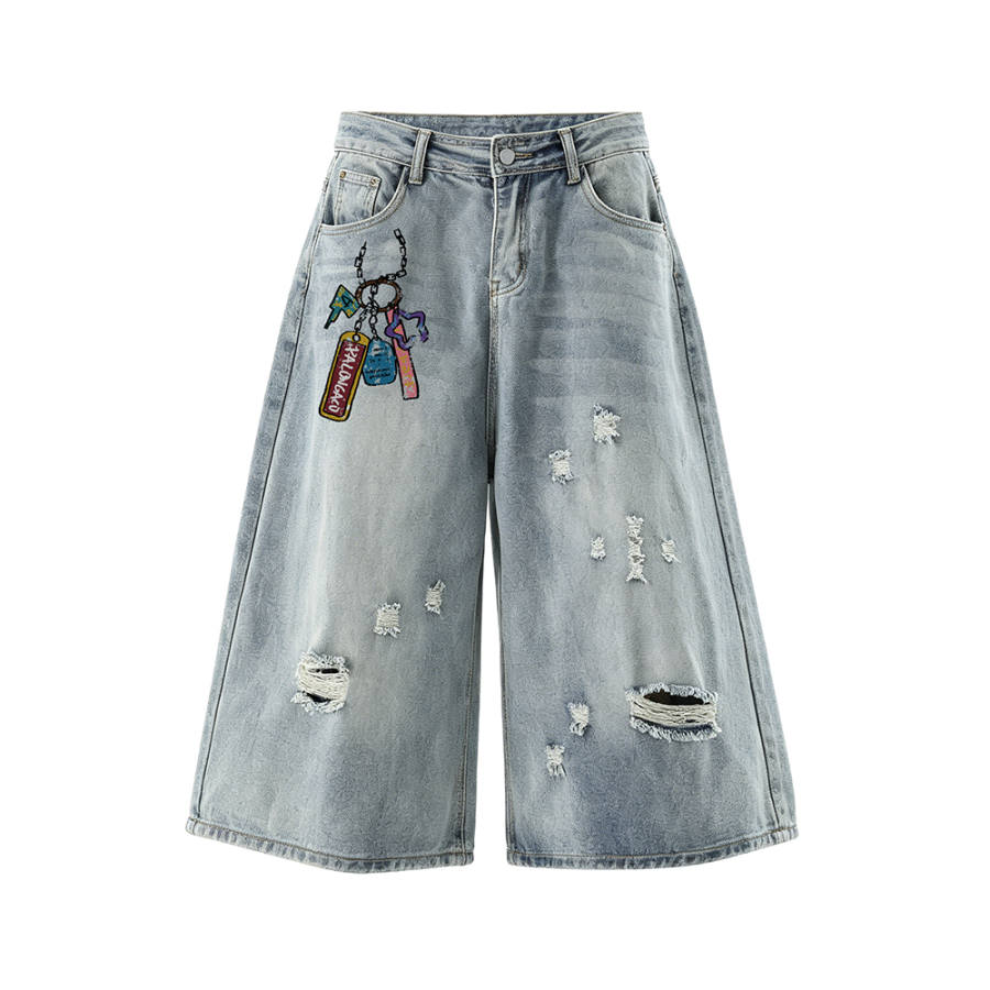 PAL ONGACO Denim Shorts Unisex Blue Moderate Wide Leg Pants
