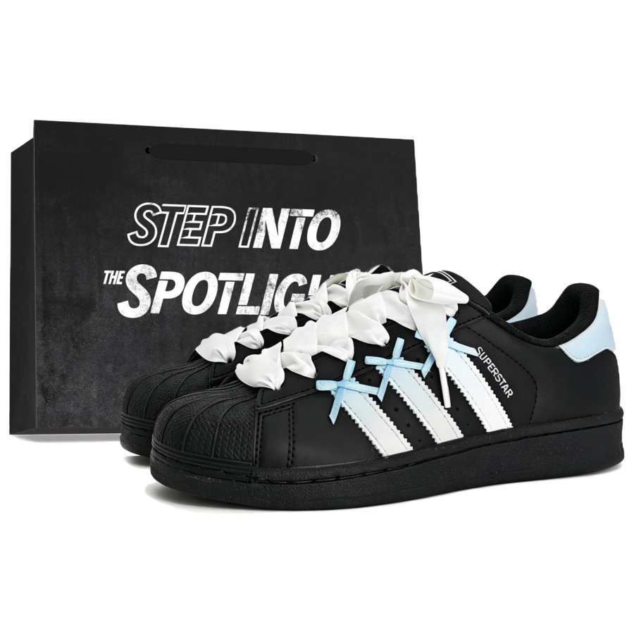 Adidas Originals Superstar 2 Skateboard Shoes Women's Low Top Black With Light Blue To White Gradient