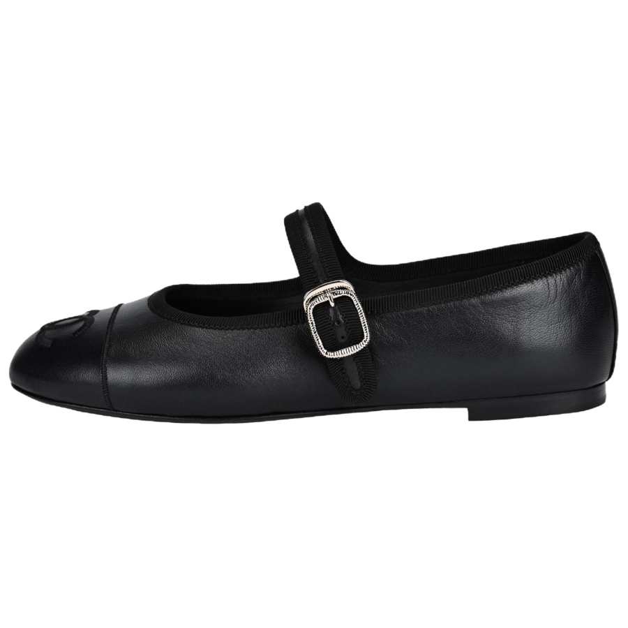 CHANEL 25S Sheepskin Flat Mary Jane Shoes Women's Black