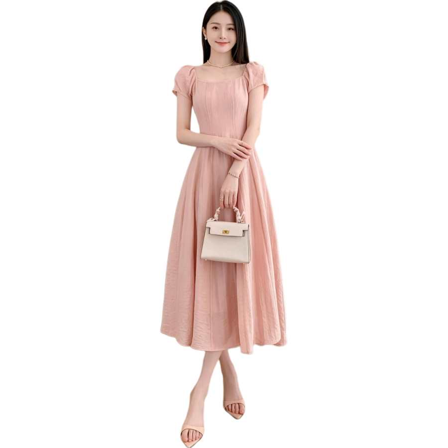 VENICEW Short Sleeved Dresses Women's Pink Square Collar Thin Midi Skirt A Line Skirt