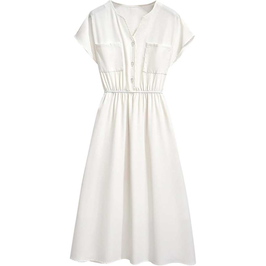 VENICEW Sleeveless Dresses Women's White V Neck Thin Midi Skirt A Line Skirt