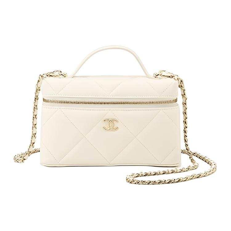 CHANEL Grain Shiny Calfskin Handbag Women's White