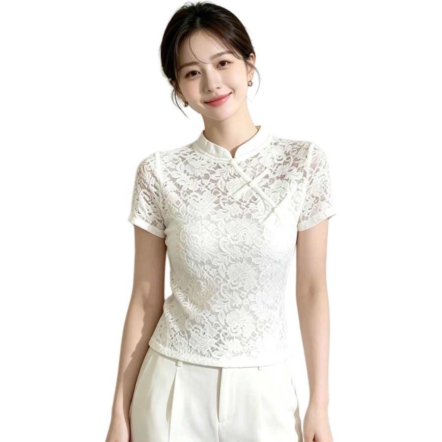 VENICEW T Shirts Women's White Cheongsam Collar Thin Nipped In Waist