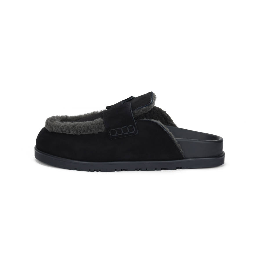 HERMES Round Tip Genuine Leather Sole Closed Toe Slippers Women's Black