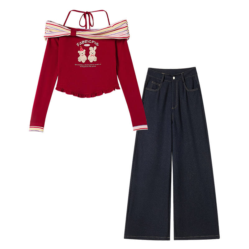 FABRIC PIG Casual Suits Women's Red Top+Pants+Comes With Lace Up Boat Neck Moderate