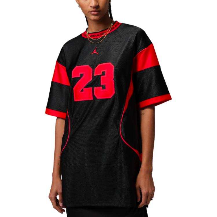 Jordan Jordan Brooklyn Short Sleeved Dresses Women's Black/University Red Crew Neck Moderate Short Skirt
