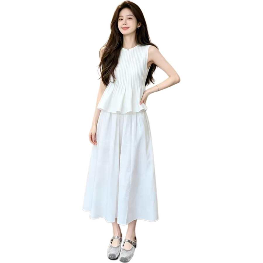 VENICEW Two Piece Skirt Sets Women's Crew Neck Moderate Long Skirt
