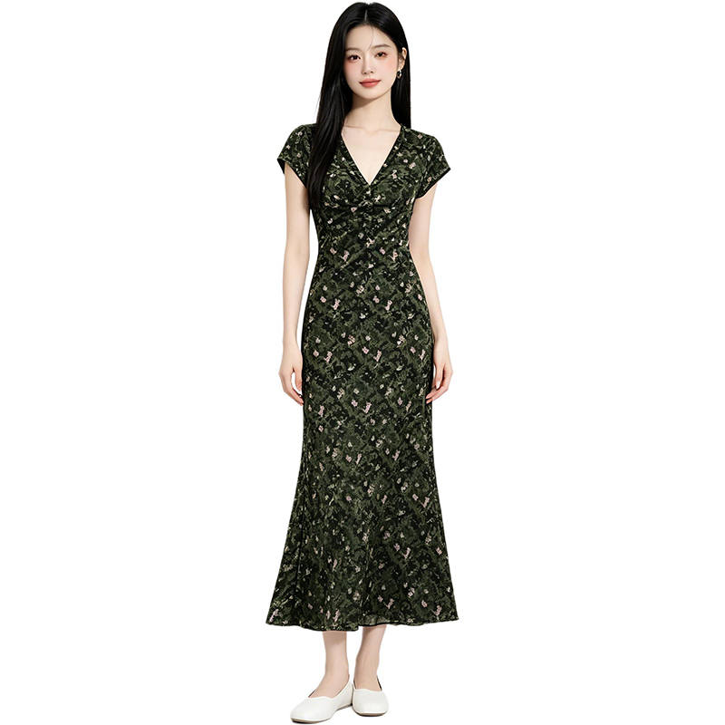 MARIE·COCO Short Sleeved Dresses Women's Dress V Neck Moderate Long Skirt A Line Skirt