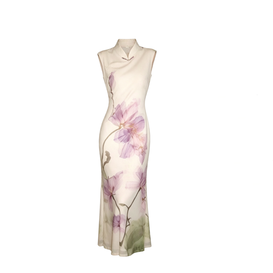 CPAURA Sleeveless Dresses Women's Cheongsam Image Color Stand Collar Moderate Long Skirt Bodycon Skirt