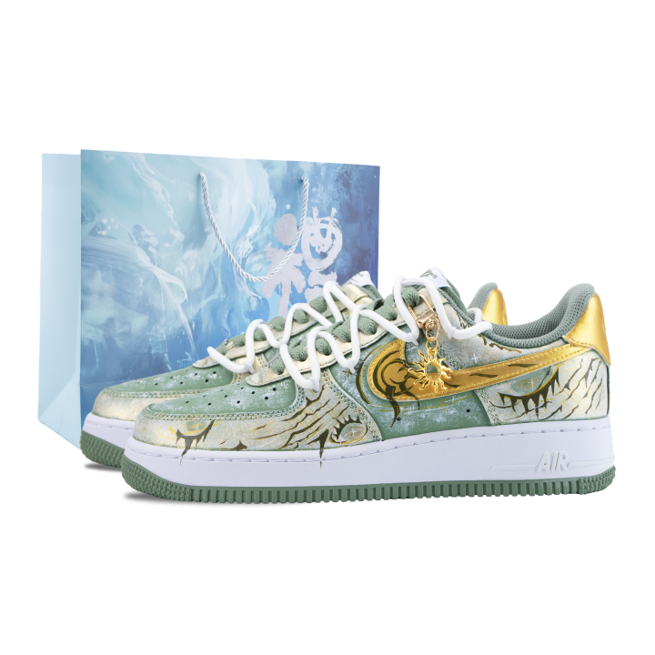 Nike Nike Air Force 1 Moss Vein Godmark Abrasion Resistant Low top Skateboard Shoes Unisex Golden Cyan
