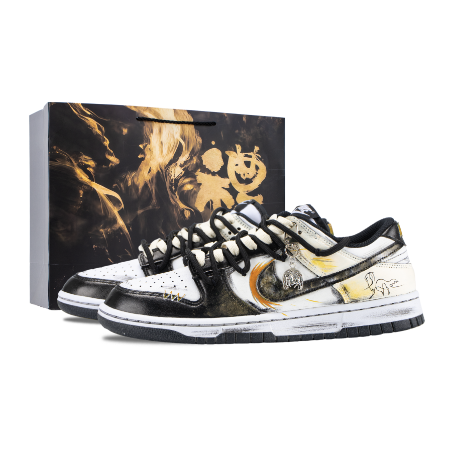 Nike Nike Dunk Golden Horse Painting Years Abrasion Resistant Abrasion Resistant Low top Skateboard Shoes Unisex Black