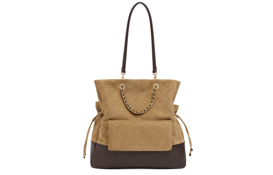 CHARLES&KEITH Synthetic Leather Double Shoulder Handbag, Shoulder Bag Large Women's Sahara Sand/Dark Brown