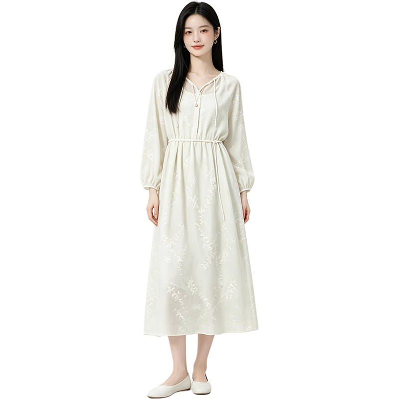 MARIE·COCO Long Sleeved Dresses Women's Dress V Neck Moderate Long Skirt A Line Skirt