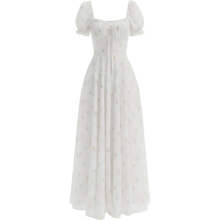 CHARM GLOW Short Sleeved Dresses Women's White Square Collar Thin Long Skirt A Line Skirt
