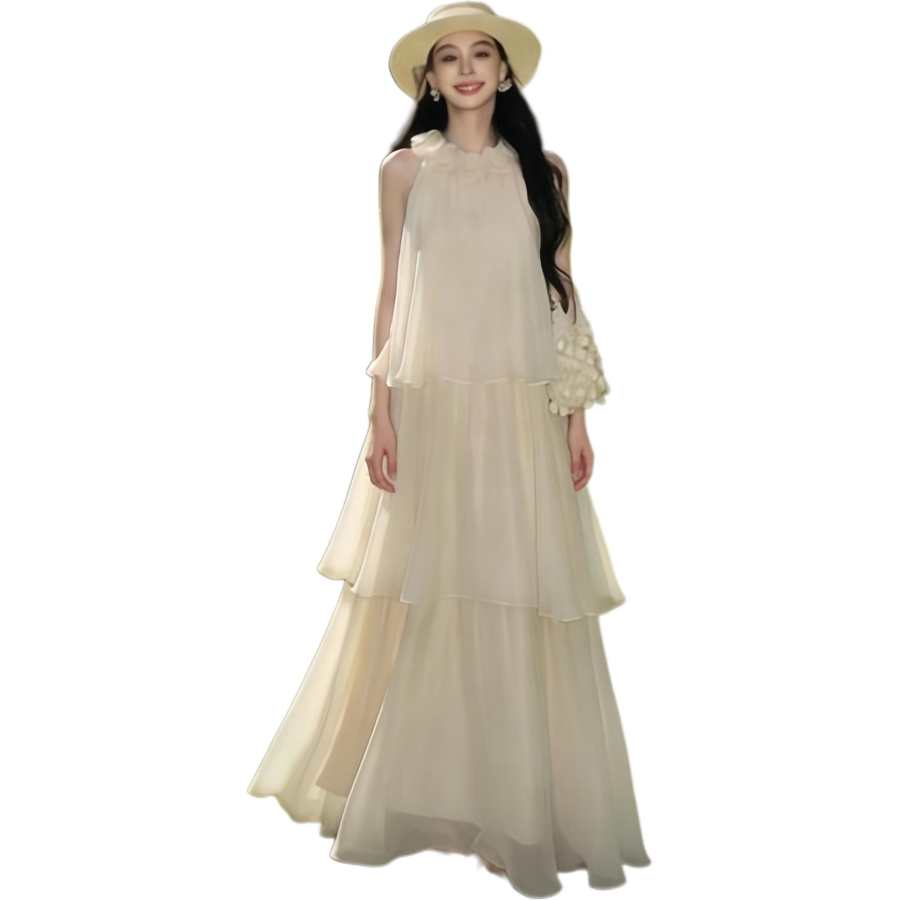 JBBCN Sleeveless Dresses Women's Ecru Crew Neck Moderate Long