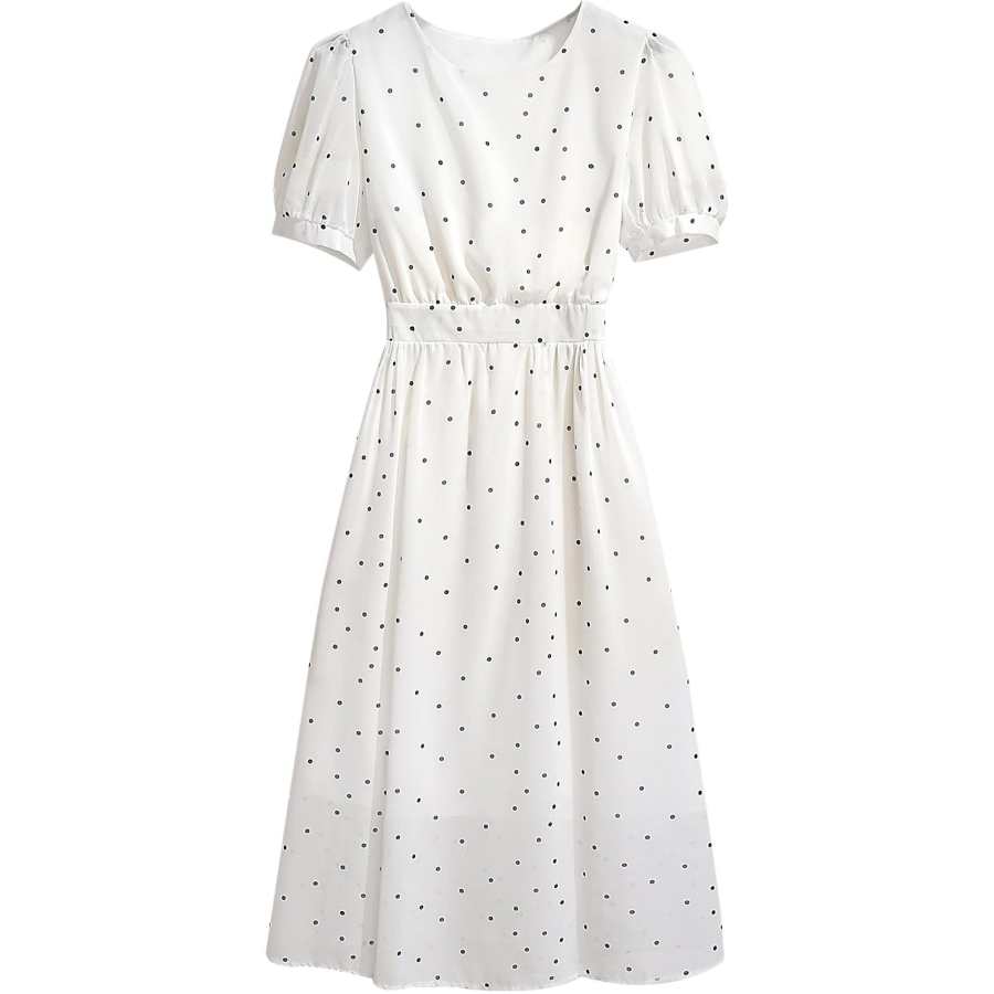 VENICEW Short Sleeved Dresses Women's White Crew Neck Moderate Midi Skirt