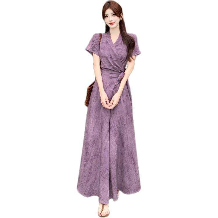 VENICEW Short Sleeved Dresses Women's Purple V Neck Thin Long Skirt A Line Skirt