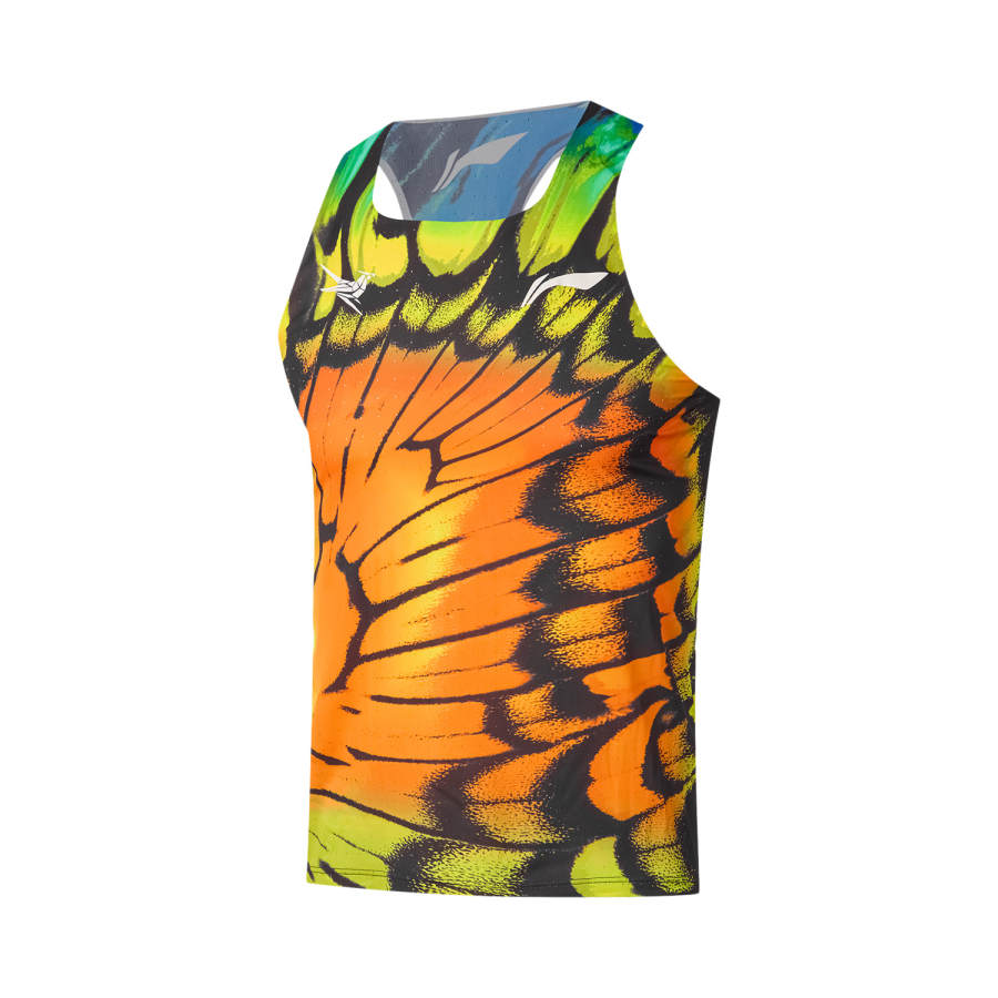Li-Ning Li Ning Running Collection Running Tank Tops Men's Black/Flame Orange/Dense Yellow Full Coverage Print U Neck Moderate Straight Fit