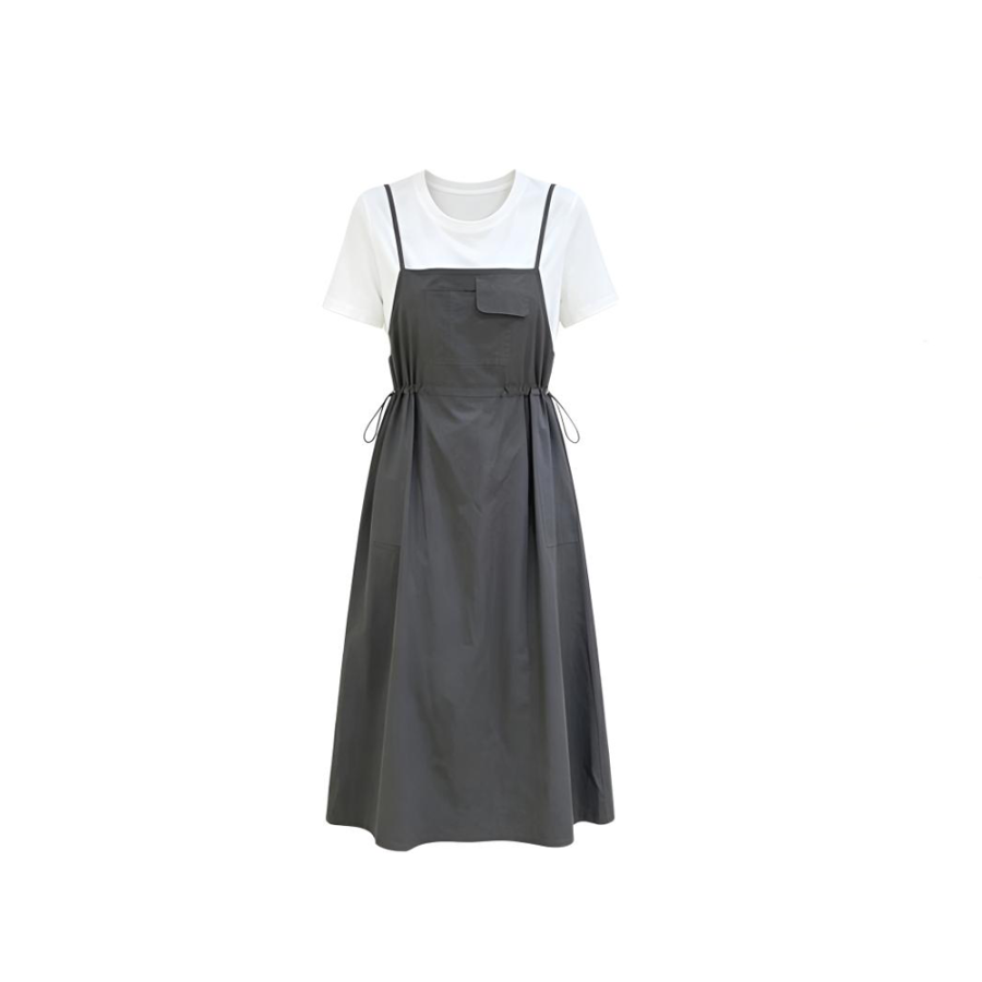 CPAURA Short Sleeved Dresses Women's Crew Neck Moderate Long Skirt A Line Skirt
