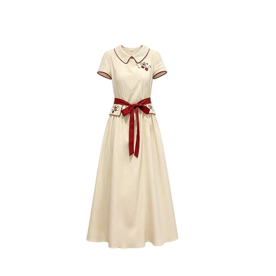 CPAURA Short Sleeved Dresses Women's Light Apricot Peter Pan Collar Thin Long Skirt A Line Skirt