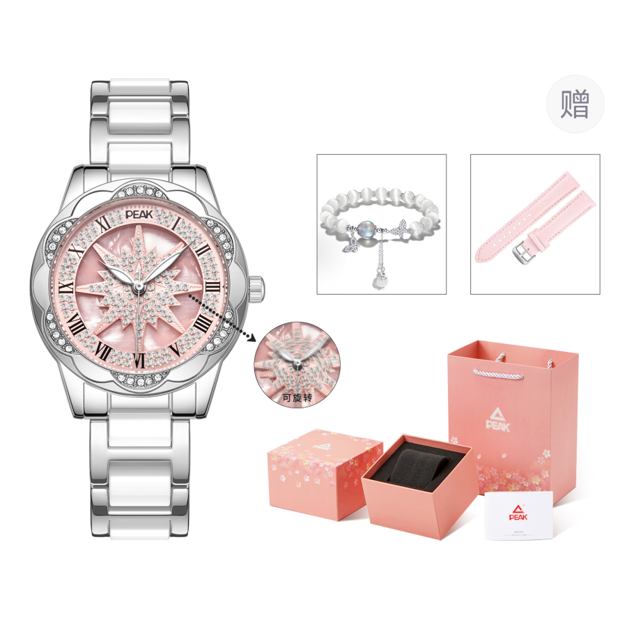 PEAK Quartz Movement Stainless Steel Watchband Watch Women's Watch Pink Watch Dial