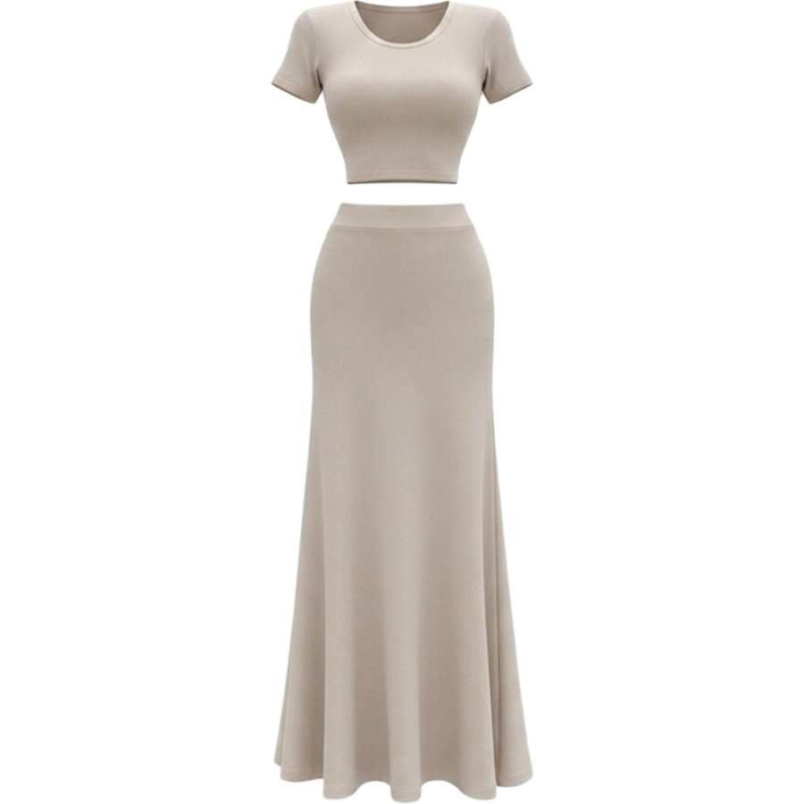 CHARM GLOW Two Piece Skirt Sets Women's Crew Neck Thin Long Skirt
