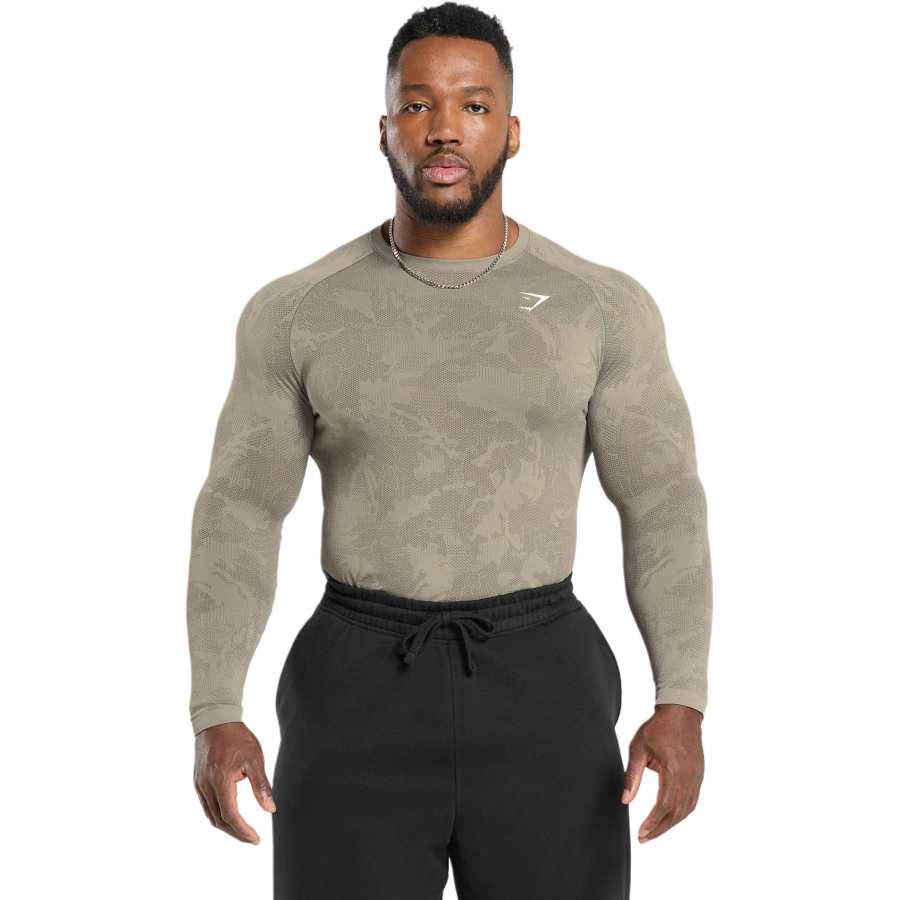 GYMSHARK T Shirt Men's Linen Brown/Camouflage Brown