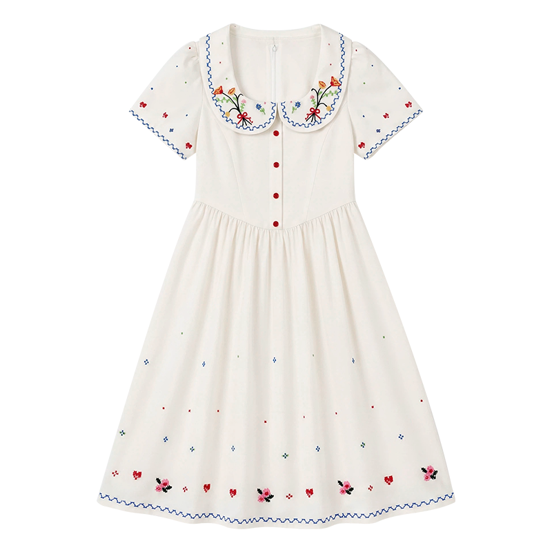 FABRIC PIG Short Sleeved Dresses Women's Ecru Peter Pan Collar Thin Midi Skirt A Line Skirt