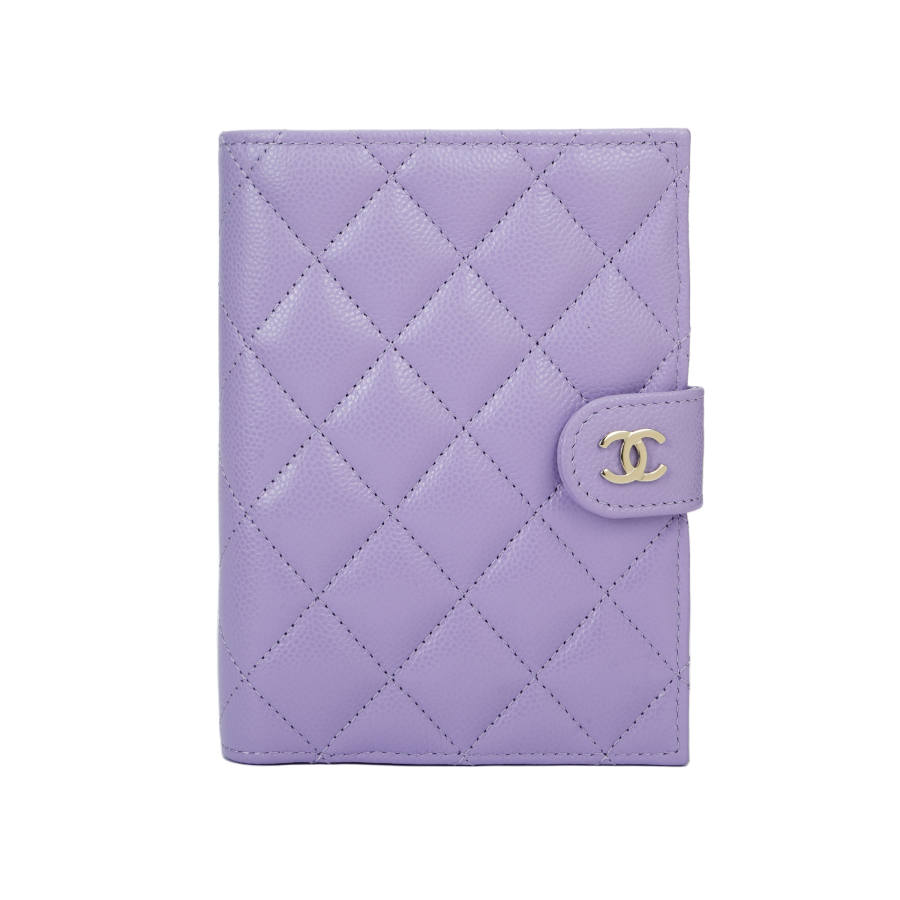 CHANEL Grain Calfskin & Silver Metal Passport Holder Women's Light Purple