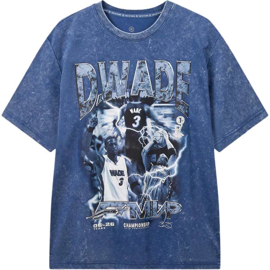 Li-Ning Li Ning T Shirts Men's Naval Blue Washed Crew Neck Moderate Straight Fit