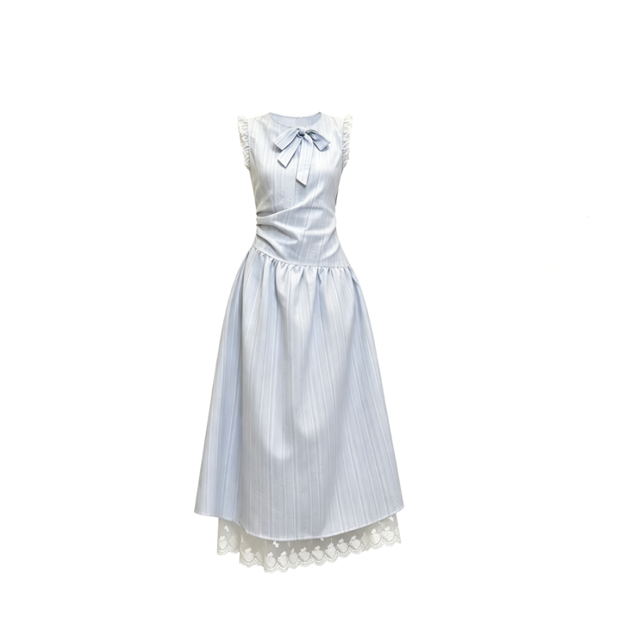 CPAURA Sleeveless Dresses Women's Light Blue Crew Neck Moderate Long Skirt A Line Skirt