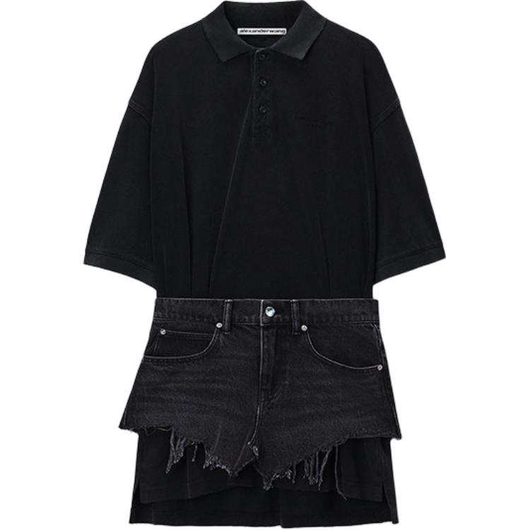 Alexander Wang Short Sleeved Dresses Women's Distressed Gray/Washed Black Polo Collar Moderate Short Skirt