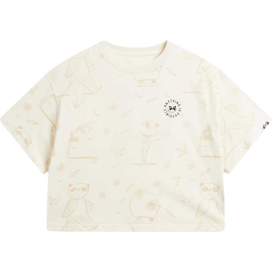 Li-Ning Li Ning Sports Life Collection T Shirts Women's Ecru All Over Print Crew Neck Moderate Straight Fit
