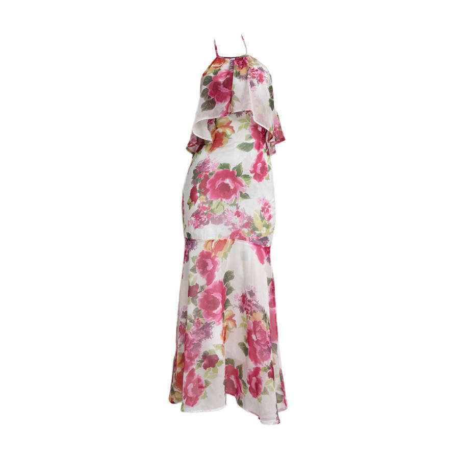 TUSHIFEI Sleeveless Dresses Women's Light Apricot Flower Island Halter Moderate Long Skirt Fishtail Dress