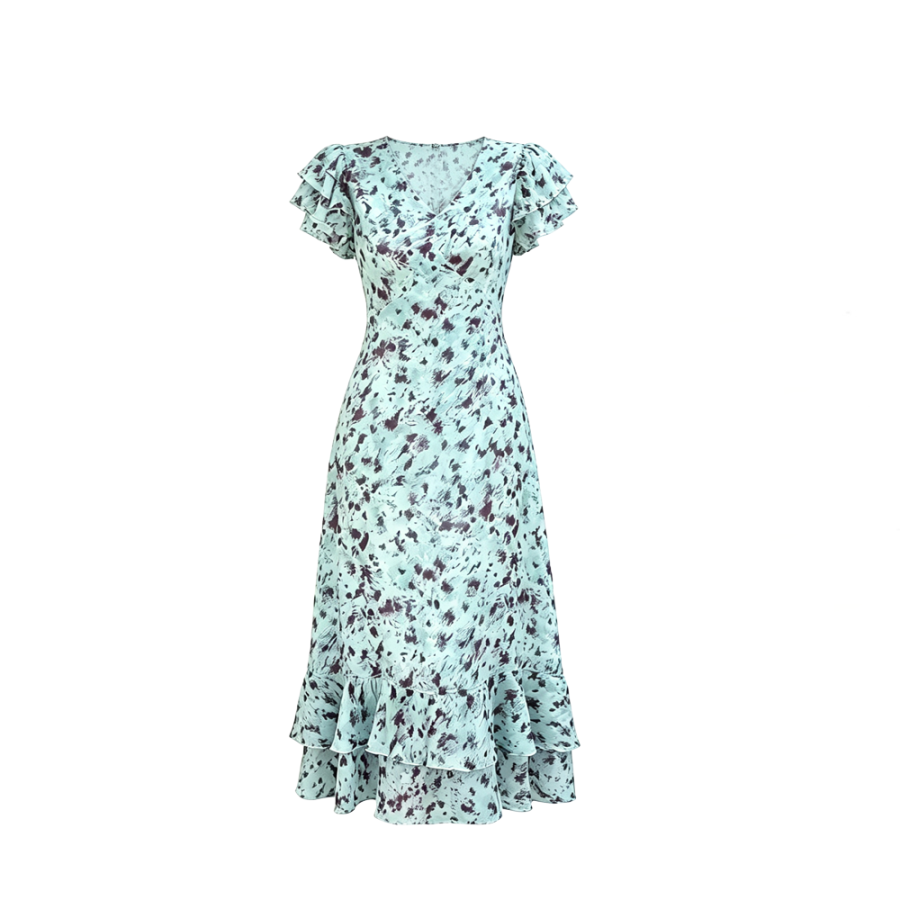 CPAURA Short Sleeved Dresses Women's Image Color V Neck Thin Long Skirt A Line Skirt