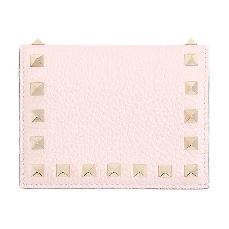 Valentino ROCKSTUD Grain Cow Leather Card Holder Small Women's Pink